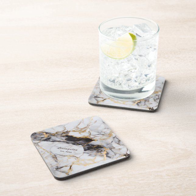 Black Gold Marble Established Personalised Coaster (Right Side)