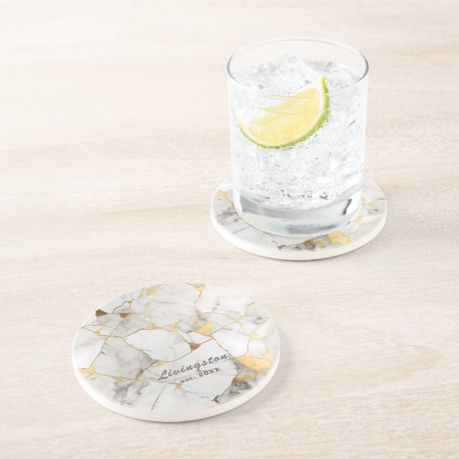 Black Gold Marble Established Personalised Coaster (Side)