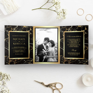 Black Gold Marble Faux Gold Foil Photo Wedding Tri-Fold Invitation