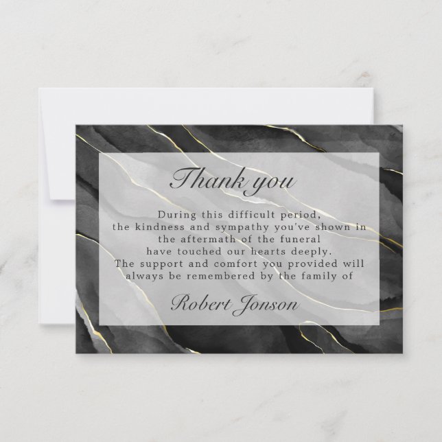 Black Gold Marble Funeral Sympathy Family Photo Thank You Card (Front)