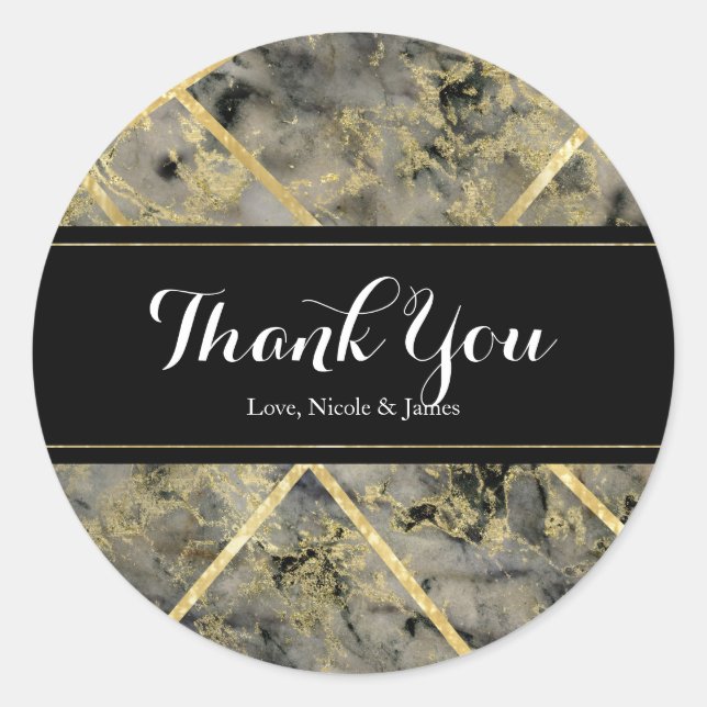 Black & Gold Marble Glam Custom Wedding Classic Round Sticker (Front)