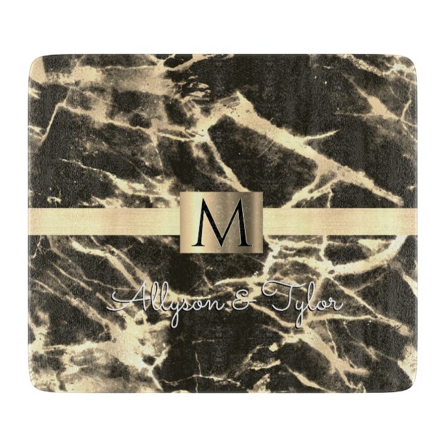 Black & Gold Marble, Gold Band, Name & Monogram Cutting Board (Front)