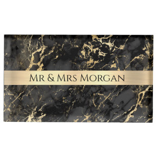 Black & Gold Marble, Gold Bar, DIY Mr & Mrs Name Place Card Holder