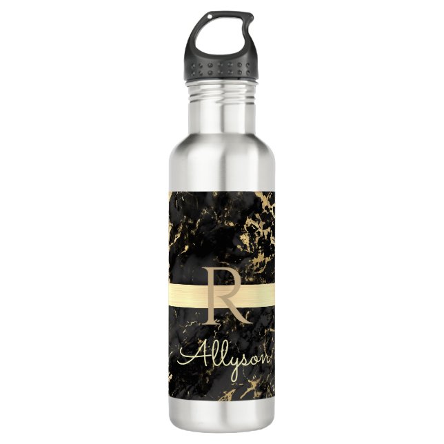 Black & Gold Marble, Gold Bar, DIY Name & Monogram 710 Ml Water Bottle (Front)