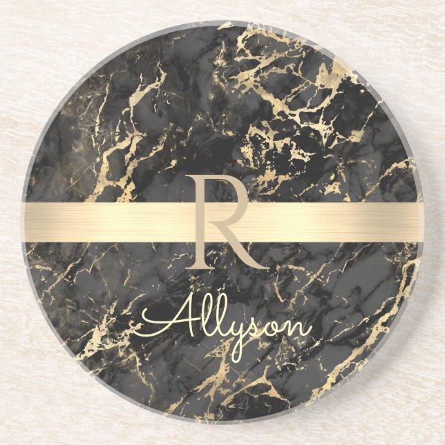 Black & Gold Marble, Gold Bar, DIY Name & Monogram Coaster (Front)