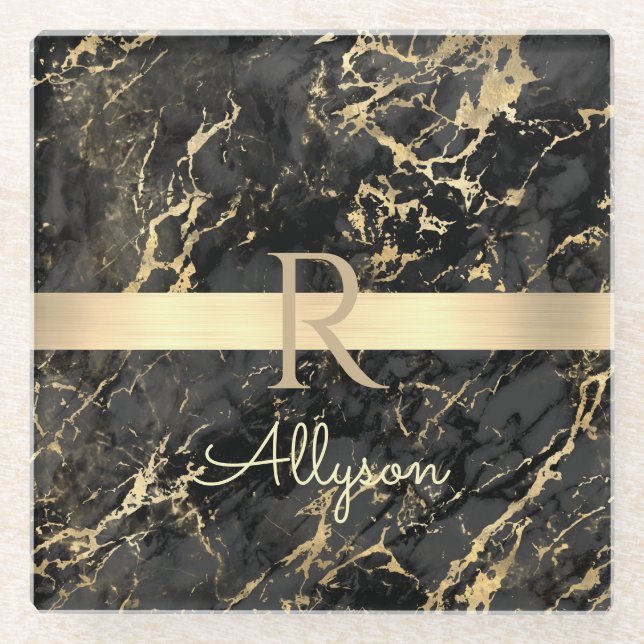 Black & Gold Marble, Gold Bar, DIY Name & Monogram Glass Coaster (Front)