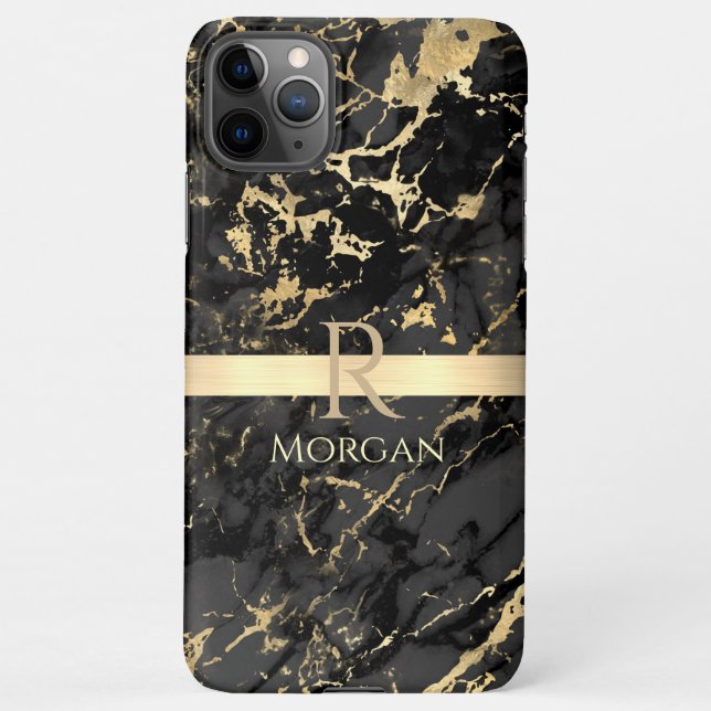 Black & Gold Marble, Gold Bar, DIY Name & Monogram iPhone Case (Back)