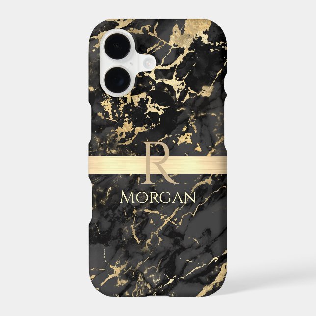 Black & Gold Marble, Gold Bar, DIY Name & Monogram iPhone Case (Back)