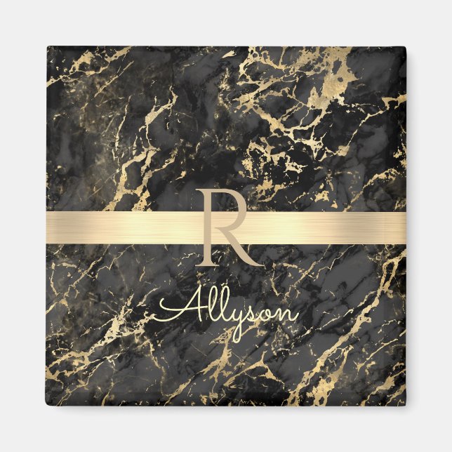 Black & Gold Marble, Gold Bar, DIY Name & Monogram Magnet (Front)