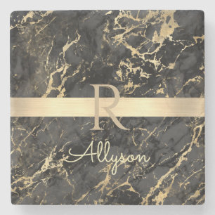Black & Gold Marble, Gold Bar, DIY Name & Monogram Stone Coaster