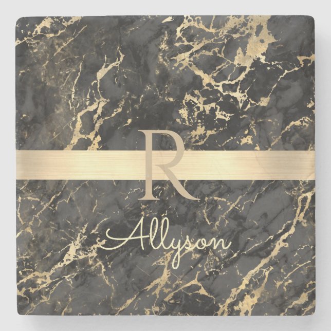 Black & Gold Marble, Gold Bar, DIY Name & Monogram Stone Coaster (Front)