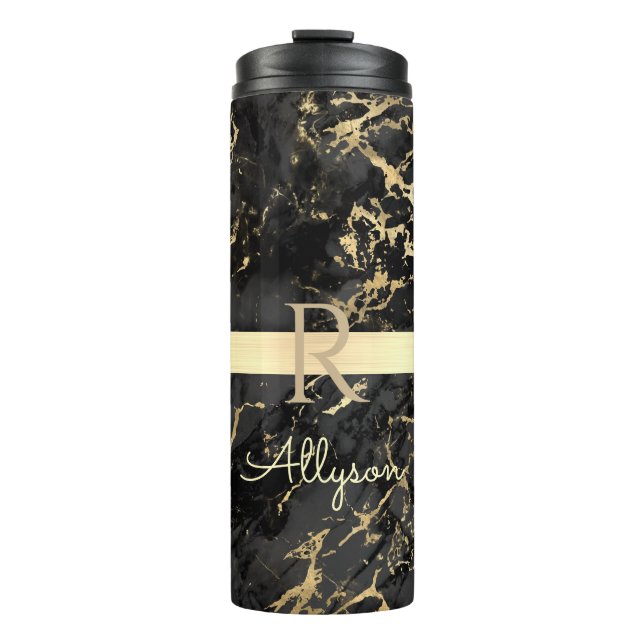 Black & Gold Marble, Gold Bar, DIY Name & Monogram Thermal Tumbler (Front)