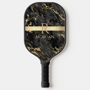 Black & Gold Marble, Gold Bar, Name & Monogram Pickleball Paddle