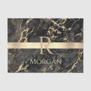 Black & Gold Marble, Gold Bar, Name & Monogram Tissue Paper