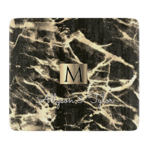 Black & Gold Marble, Gold Box, Name & Monogram Cutting Board