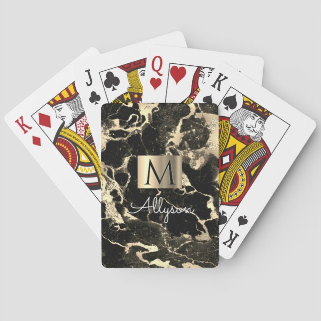 Black & Gold Marble Gold Box, Name & Monogram Vs5 Playing Cards (Back)
