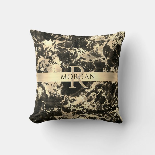 Black+Gold Marble, Gold Stripe, Name+Monogram, Vs3 Cushion (Front)