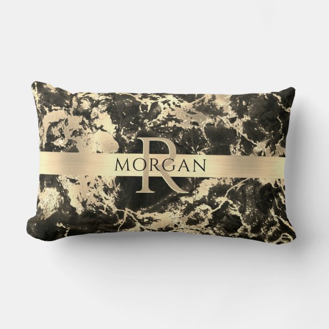 Black+Gold Marble, Gold Stripe, Name+Monogram, Vs3 Lumbar Cushion (Front)