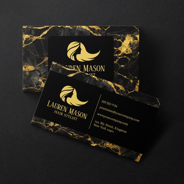 Black Gold Marble Hair Stylist Hair Salon Business Card (Creator Uploaded)