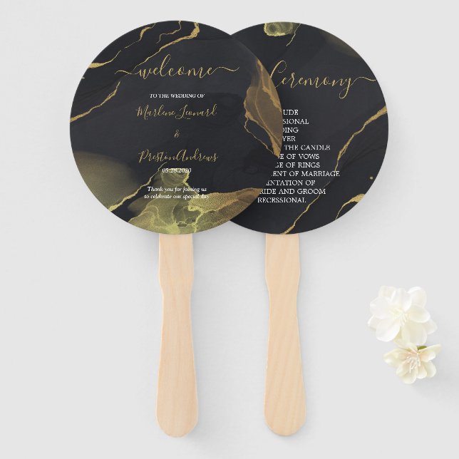 black & Gold Marble  Hand Fan (Front and Back)