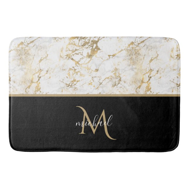 Black  Gold & Marble Monogram Elegant Luxury  Bath Mat (Front)