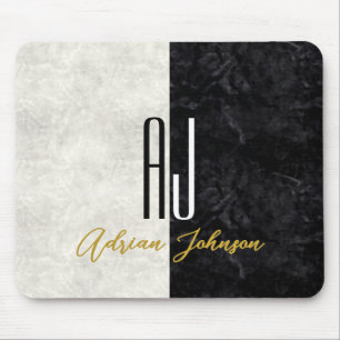 Black Gold Marble Monogram Mouse Mat