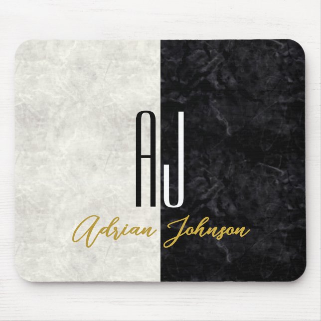 Black Gold Marble Monogram Mouse Mat (Front)