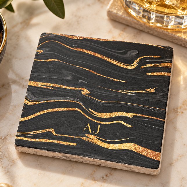 Black Gold Marble Monogram Stone Coaster (Creator Uploaded)