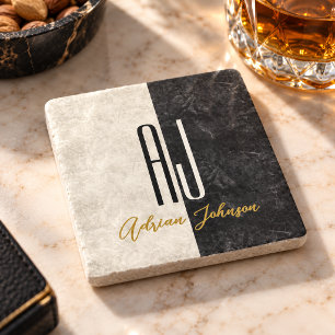 Black Gold Marble Monogram Stone Coaster