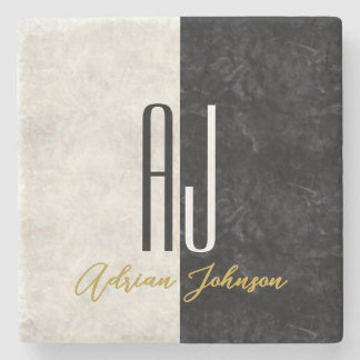 Black Gold Marble Monogram Stone Coaster