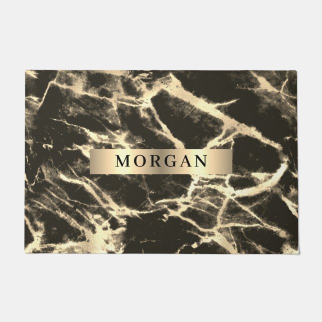Black & Gold Marble, Name on Gold Band  Doormat (Front)