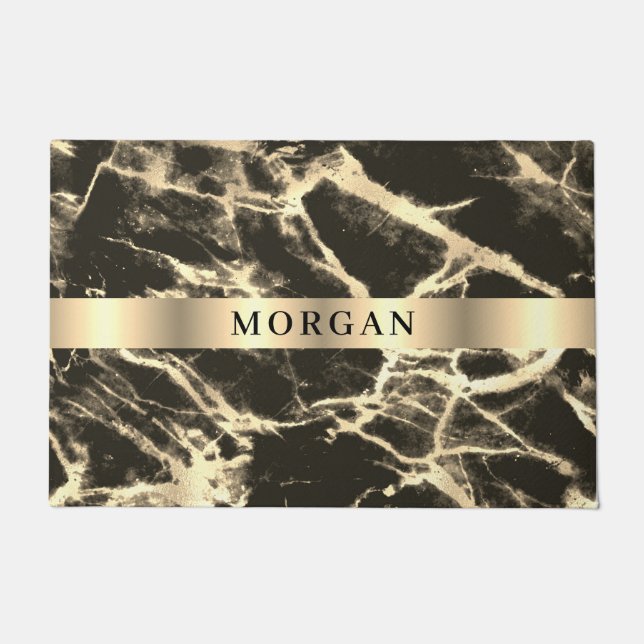 Black & Gold Marble, Name on Gold Band Doormat (Front)