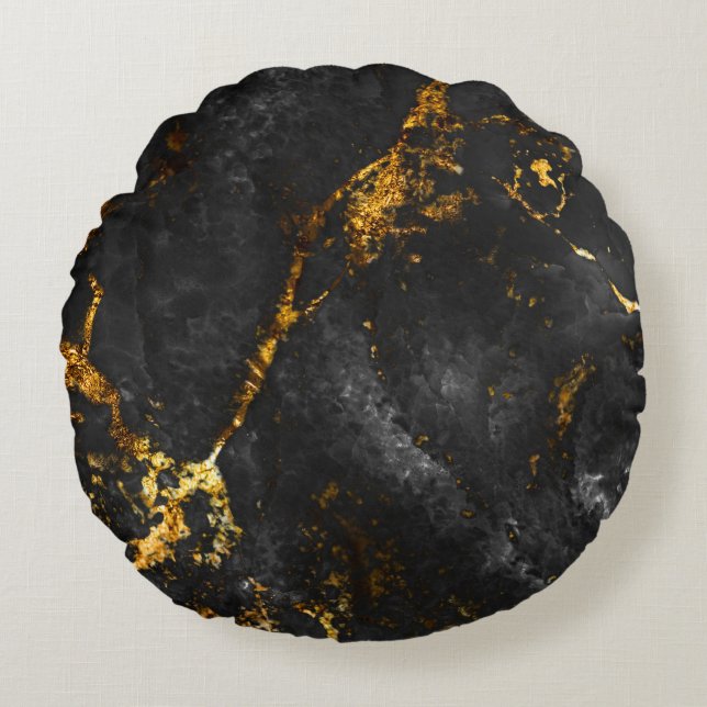 Black Gold Marble, Natural Pattern. Round Cushion (Front)