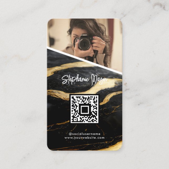Black Gold Marble Photo QR Code Modern Photography Business Card (Front)