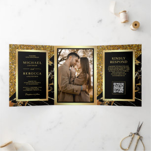 Black Gold Marble Photo QR Code Wedding Tri-Fold Invitation