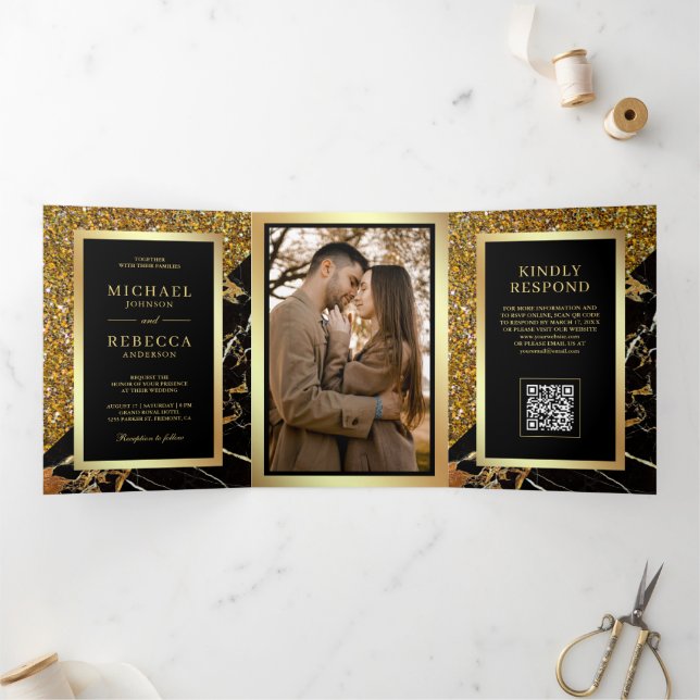 Black Gold Marble Photo QR Code Wedding Tri-Fold Invitation (Inside)
