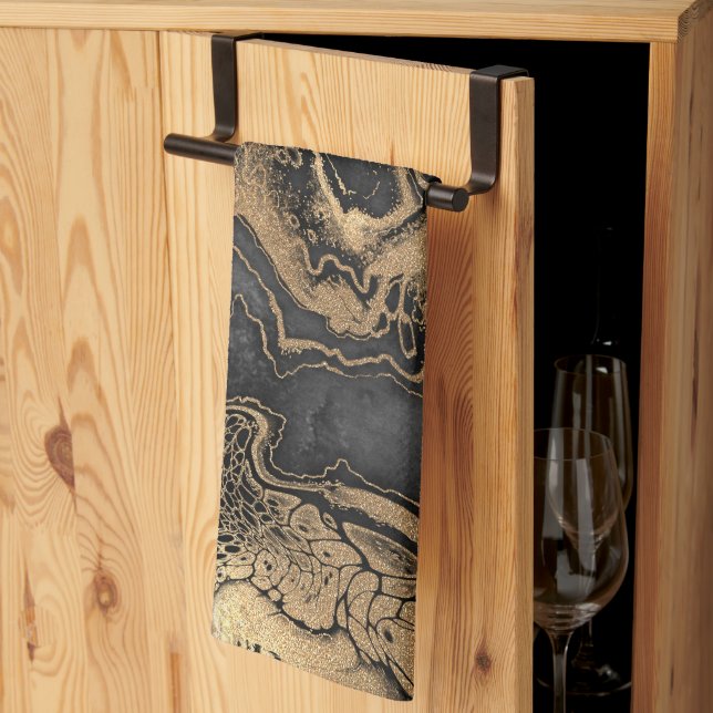 Black Gold Marble Pretty Tea Towel (Thirds Fold)