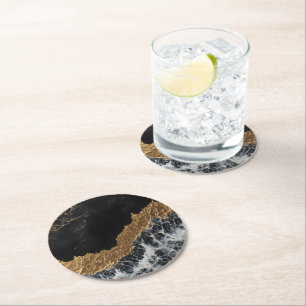 Black Gold Marble Round Paper Coaster