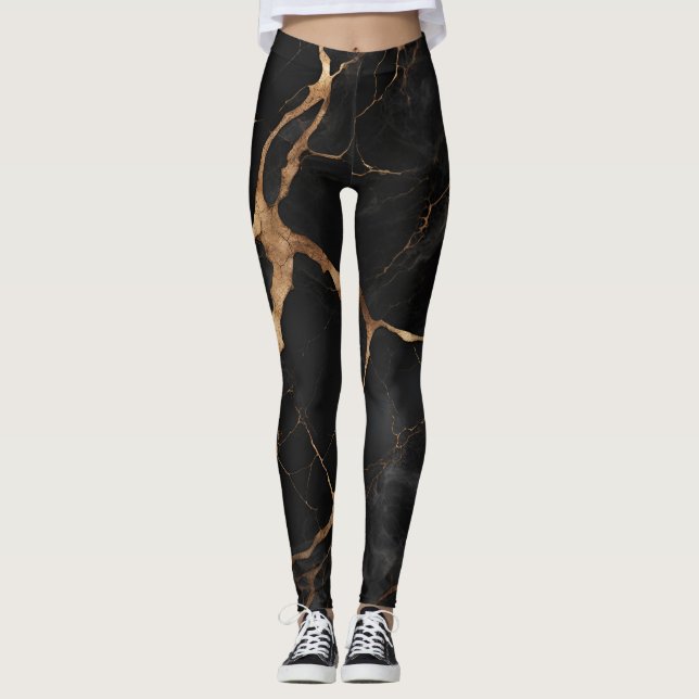 Black Gold Marble Stone Texture Abstract Leggings (Front)