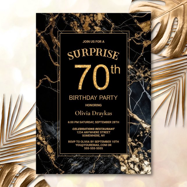 Black Gold Marble Surprise 70th Birthday Party Invitation (Creator Uploaded)