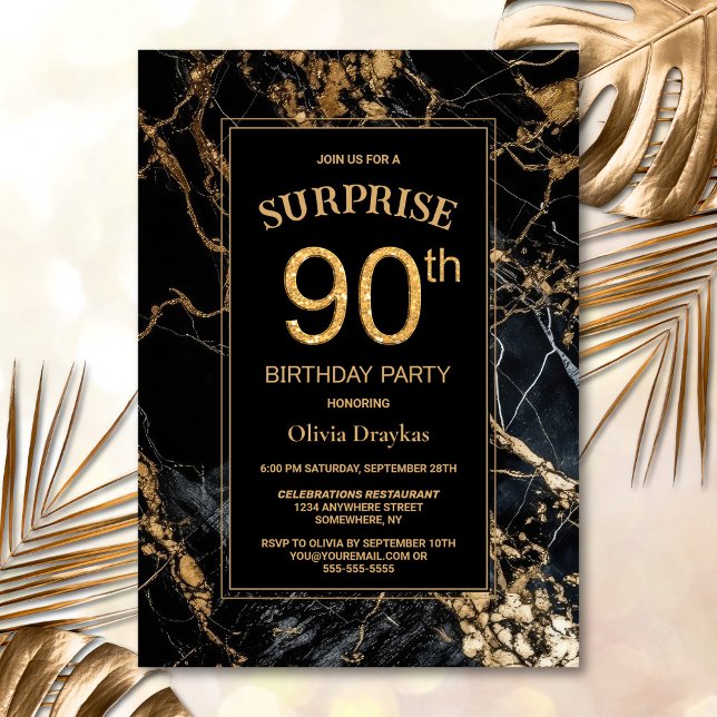 Black Gold Marble Surprise 90th Birthday Party Invitation (Creator Uploaded)