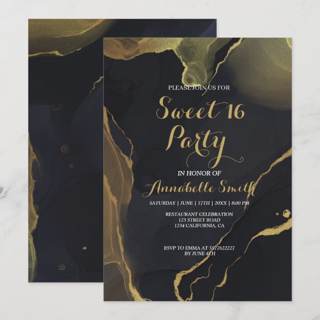 black & Gold Marble  sweet 16 invitation (Front/Back)
