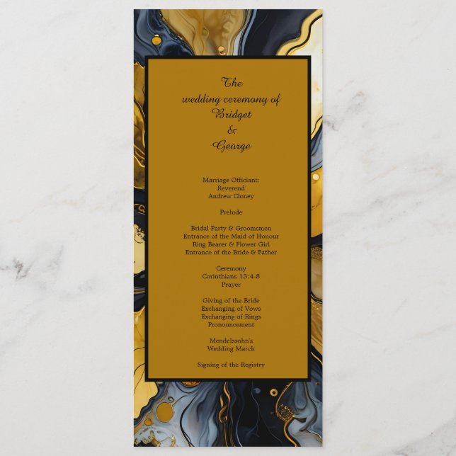 black gold marble swirl wedding  programme (Back)