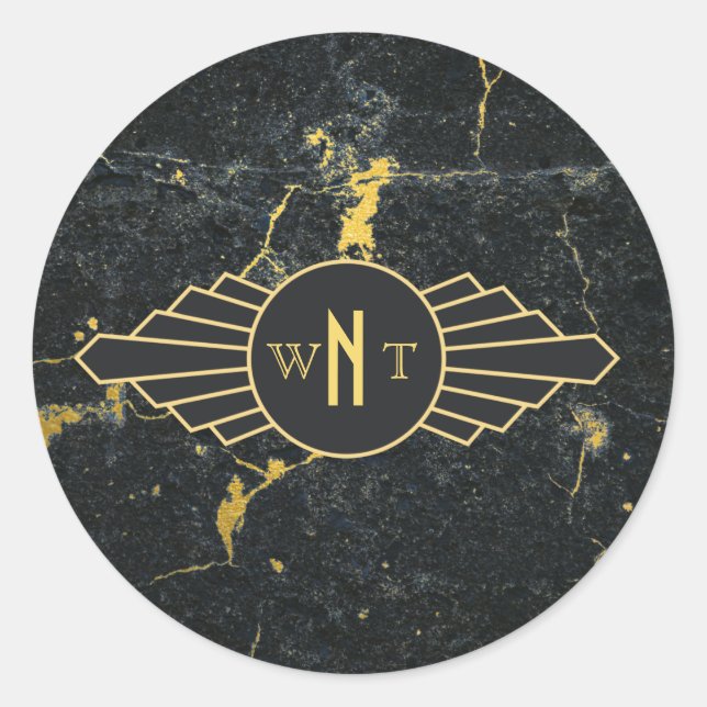 Black Gold Marble Three Letter Monogram Art Deco Classic Round Sticker (Front)