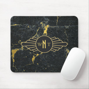 Black Gold Marble Three Letter Monogram Art Deco Mouse Mat