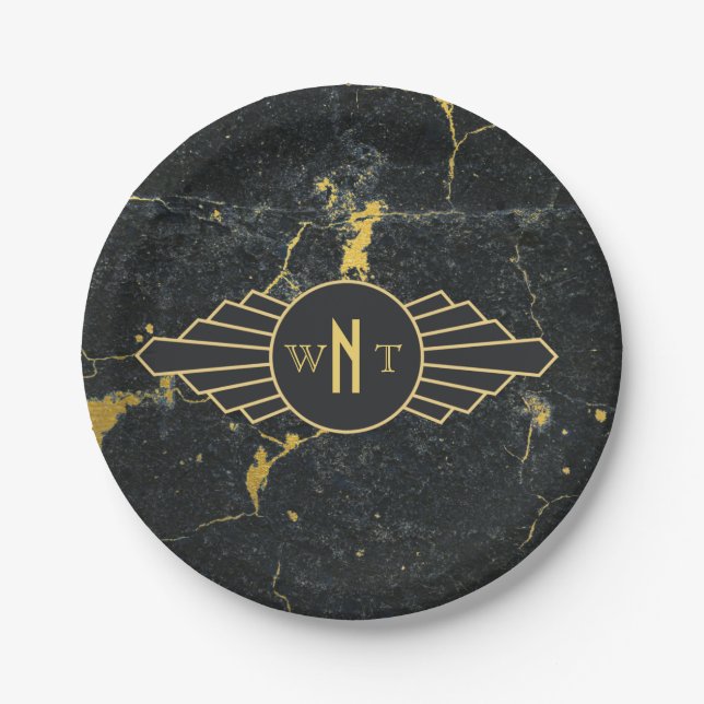 Black Gold Marble Three Letter Monogram Art Deco Paper Plate (Front)
