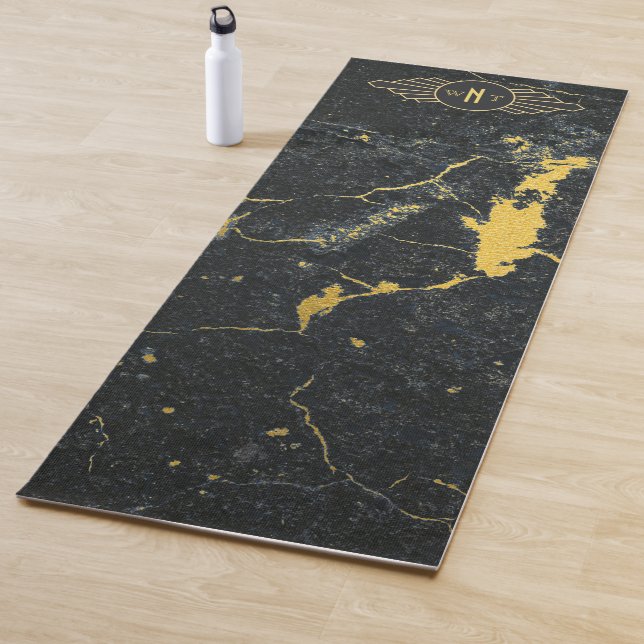 Black Gold Marble Three Letter Monogram Art Deco Yoga Mat (In Situ)