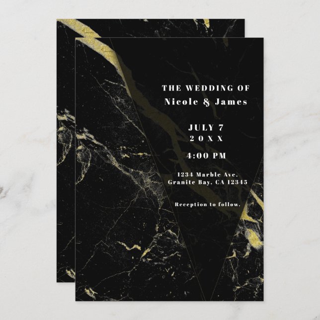 Black Gold Marble Veining Minimal Elegant Wedding  Invitation (Front/Back)