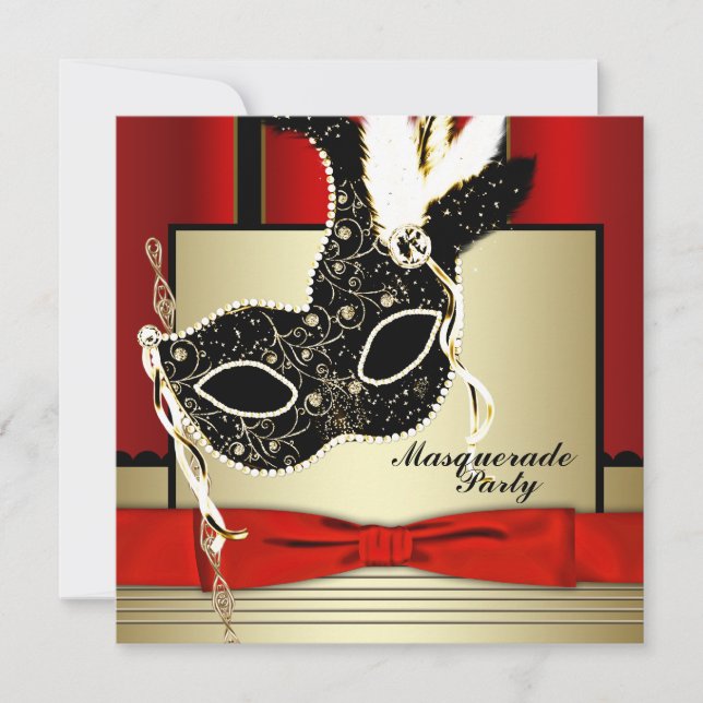Black Gold Mask Red Black Masquerade Party Invitation (Front)