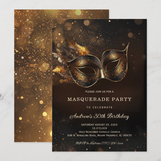 Black Gold Masquerade Birthday Party Invitation (Front/Back)